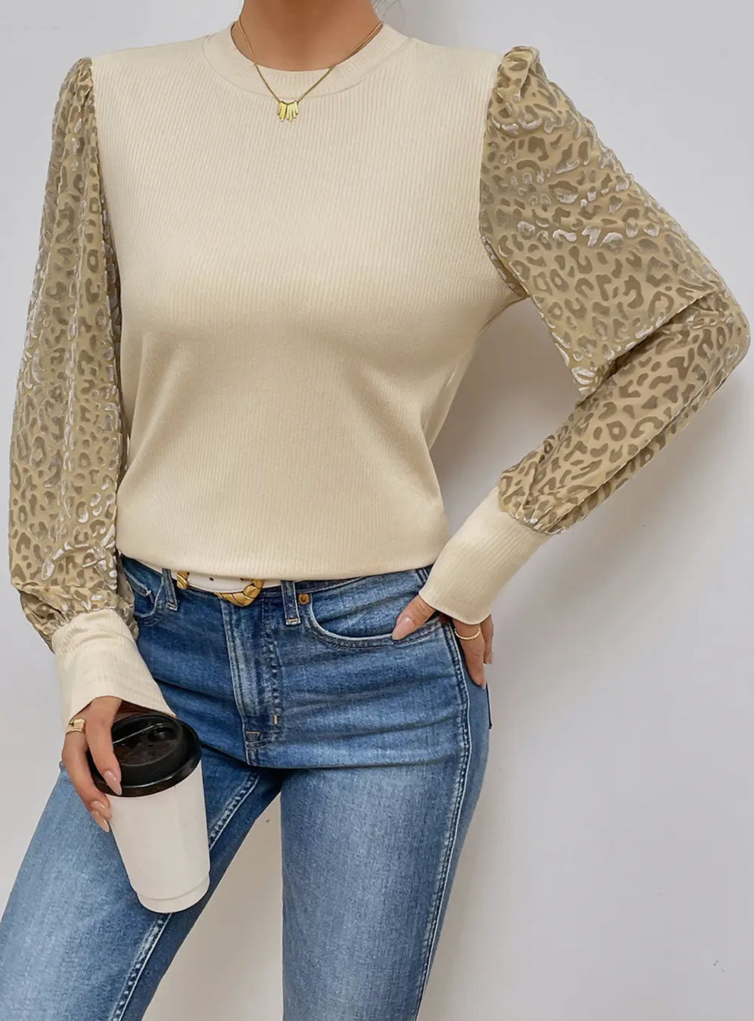 Leopard Ribbed Long Sleeve Blouse
