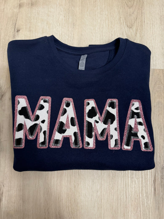 Stitched MAMA/pink glitter pocket crew- LARGE